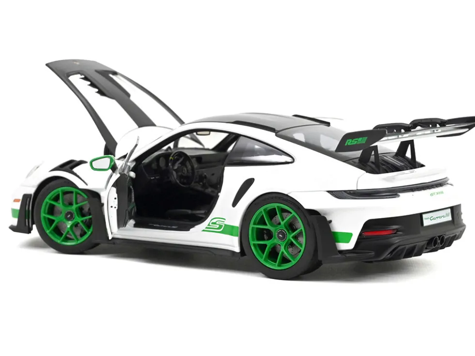 2022 Porsche 911 GT3 RS Weissach Pack White with Green Stripes And Carbon Hood and Top 1/18 Diecast Model Car by Norev