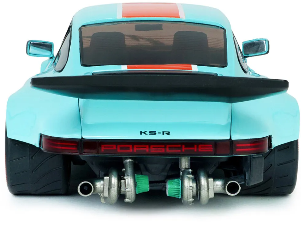 2025 Porsche 911 KS-R by Khyzyl Saleem "Blue Racer" Light Blue with Orange Stripes 1/18 Diecast Model Car by Solido