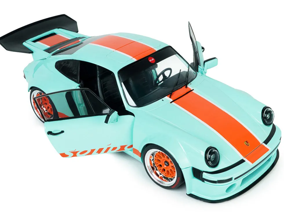 2025 Porsche 911 KS-R by Khyzyl Saleem "Blue Racer" Light Blue with Orange Stripes 1/18 Diecast Model Car by Solido