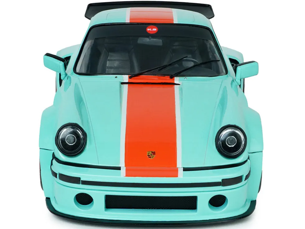 2025 Porsche 911 KS-R by Khyzyl Saleem "Blue Racer" Light Blue with Orange Stripes 1/18 Diecast Model Car by Solido