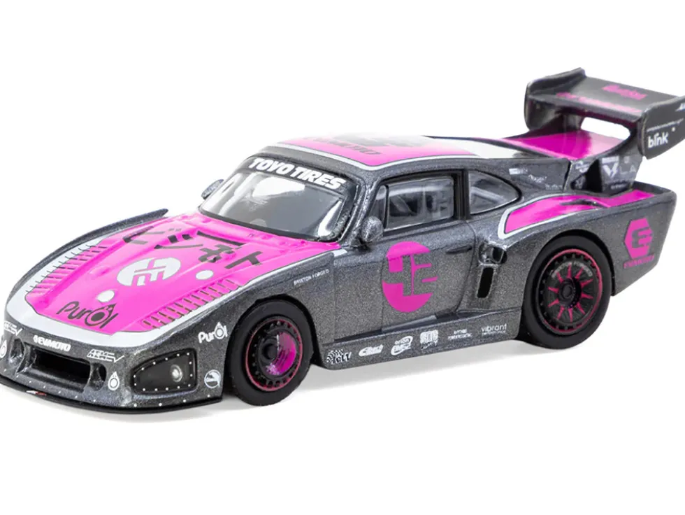 Porsche 935 K3V Bisimoto Gray Metallic with Pink Hood and Top with Tarmac Cards "Hobby64" Series 1/64 Diecast Model by Tarmac Works