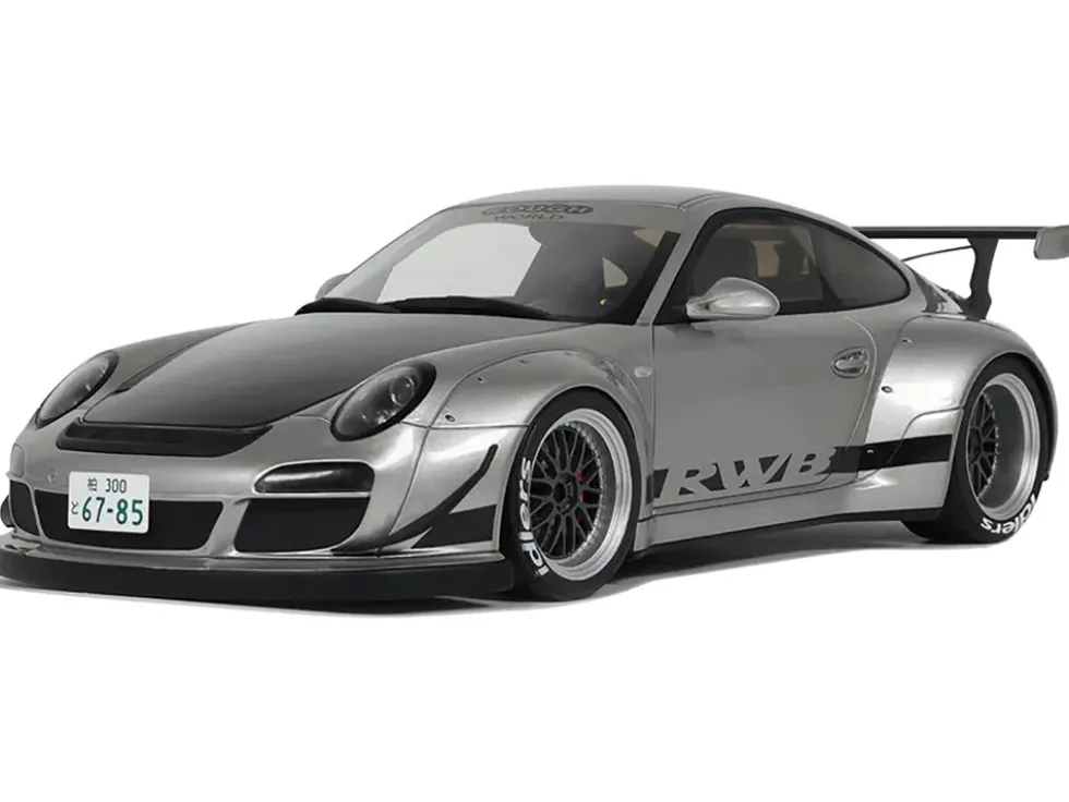 2024 Porsche 911 RWB Abu Silver Metallic with Black Hood 1/18 Model Car by GT Spirit