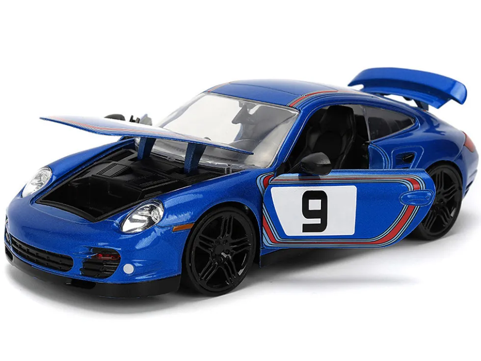Porsche 911 Turbo (997) #9 Blue Metallic with Stripes "Hyper-Spec" Series 1/24 Diecast Model Car by Jada