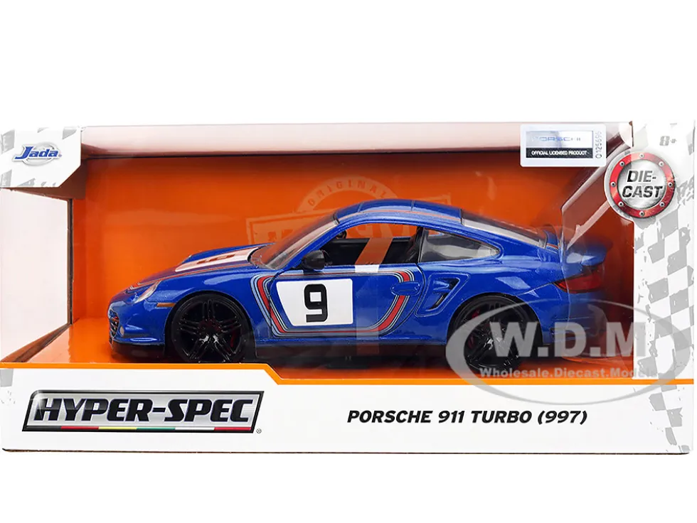 Porsche 911 Turbo (997) #9 Blue Metallic with Stripes "Hyper-Spec" Series 1/24 Diecast Model Car by Jada