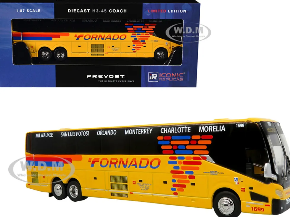 Prevost H3-45 Coach Bus "Tornado Bus Company" Yellow with Graphics Limited Edition 1/87 (HO) Diecast Model by Iconic Replicas