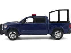 2019 RAM 1500 Laramie Crew Cab Pickup Truck with Bed Cage Dark Blue with Flashing Light Bar and Front and Rear Lights and Sounds 1/27 Diecast Model Car by Motormax
