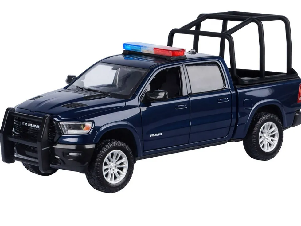 2019 RAM 1500 Laramie Crew Cab Pickup Truck with Bed Cage Dark Blue with Flashing Light Bar and Front and Rear Lights and Sounds 1/27 Diecast Model Car by Motormax