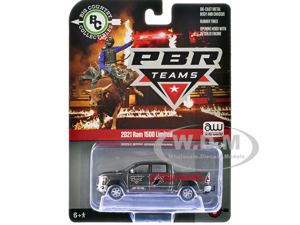 2021 Ram 1500 Limited Pickup Truck "PBR (Professional Bull Riders)" Gray Metallic with Graphics "Big Country Collectibles" 2025 Series 1/64 Diecast Model Car by Auto World
