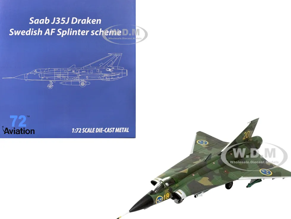 Saab J35J Draken Fighter Aircraft "Splinter Camouflage Scheme, F 18 Sodertorn Wing" (1972) Swedish Air Force 1/72 Diecast Model Airplane by Aviation 72