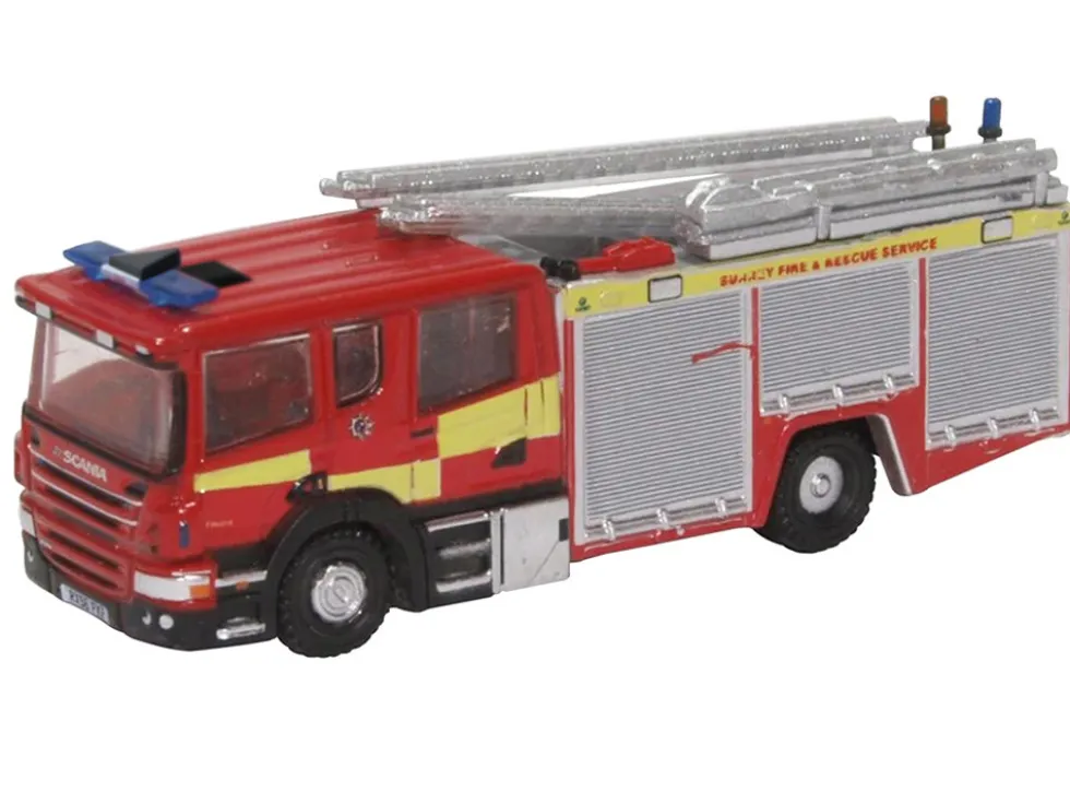 Scania Pump Ladder Fire Engine "Surrey Fire and Rescue" Red with Yellow Stripes 1/148 (N) Scale Diecast Model Car by Oxford Diecast