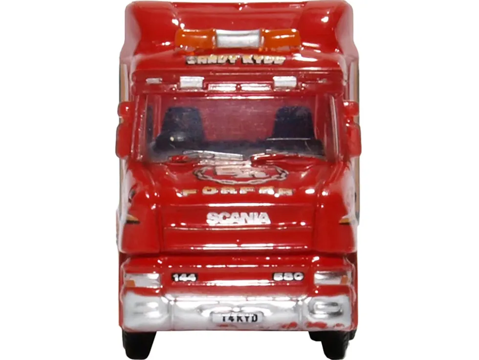 Scania T-Cab Truck RHD (Right Hand Drive) with Lowboy Trailer "Sandy Kydd" Red with Stripes 1/148 (N) Scale Diecast Model Car by Oxford Diecast