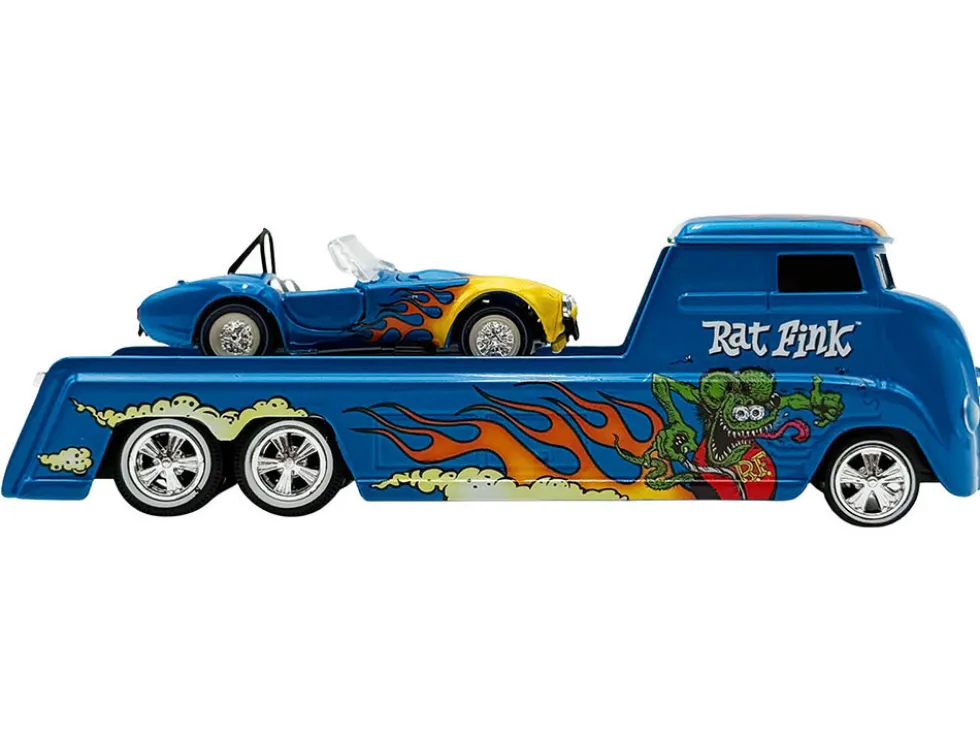 Shelby Cobra Super Snake Blue Metallic with Flames and Custom "Rat Fink" Hauler Blue Metallic with Flames and Graphics 1/64 Diecast Model Cars by ACME