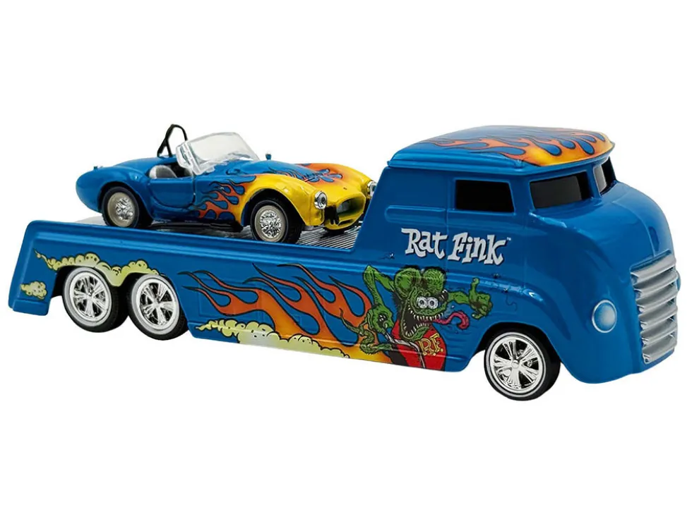 Shelby Cobra Super Snake Blue Metallic with Flames and Custom "Rat Fink" Hauler Blue Metallic with Flames and Graphics 1/64 Diecast Model Cars by ACME