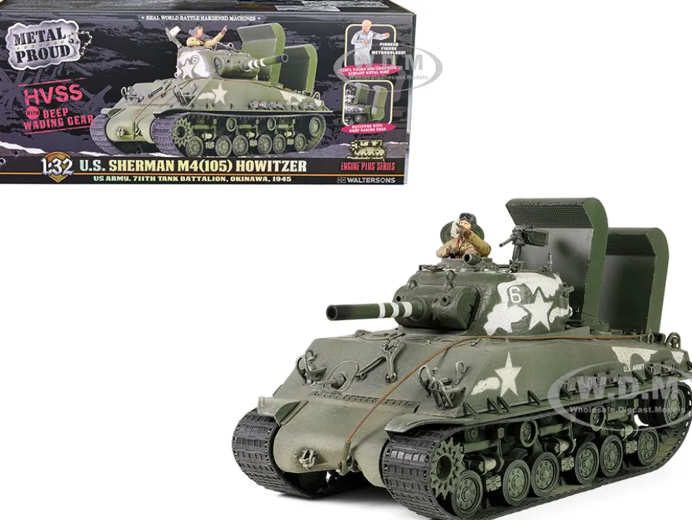 Sherman M4 (105) Howitzer Medium Tank "US Army, 711th Tank Battalion, Okinawa" (1945) "Engine Plus" Series 1/32 Diecast Model by Metal Proud - www.diecastmodelswholesale.com