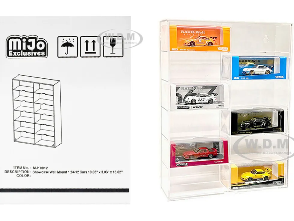Showcase 12 Car Display Case Wall Mount Clear Back Panel Extra Space Mijo Exclusives 1/64 Scale Models MJ10012