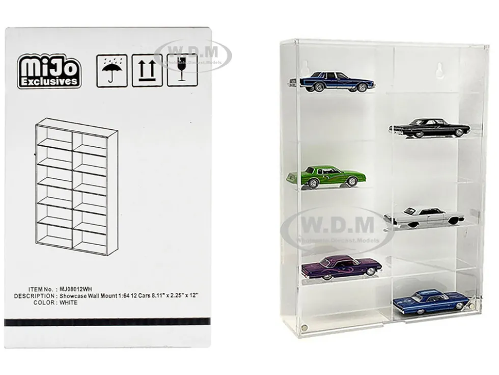 Showcase 12 Car Display Case Wall Mount White Back Panel Mijo Exclusives 1/64 Scale Models MJ08012WH
