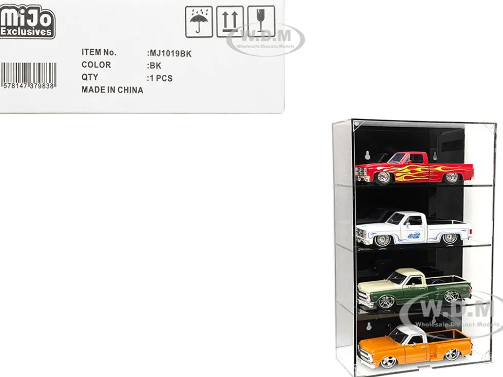 Showcase 4 Car Display Case Wall Mount with Black Back Panel Mijo Exclusives for 1/24 1/25 Scale Models MJ1019BK