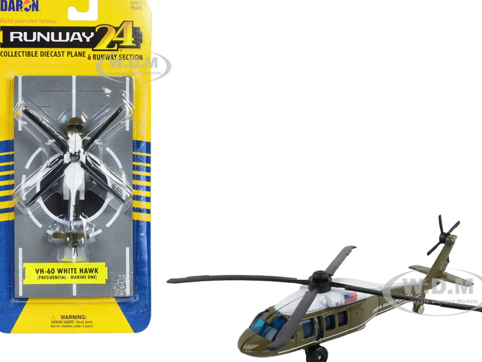 Sikorsky VH 60 White Hawk Helicopter Olive Drab with White Top United States Presidential Helicopter Marine One with Runway Section Diecast Model Runway24 RW235