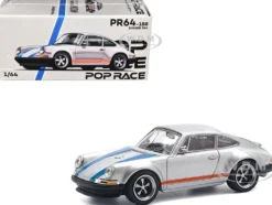 Singer 964 Silver Metallic with Blue and Red Stripes 1/64 Diecast Model Car by Pop Race