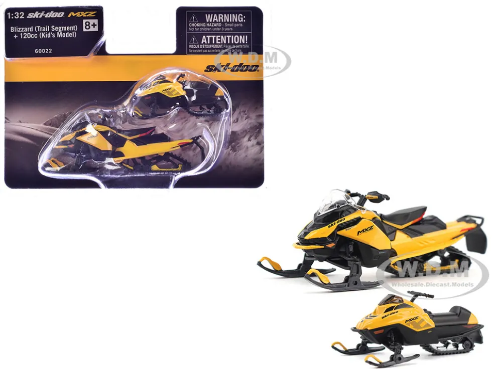 Ski-Doo MXZ Blizzard (Trail Segment) Neo Yellow and Ski-Doo MXZ 120cc (Kid's Model) Neo Yellow Set of 2 Snowmobiles 1/32 Diecast Models by BRP Models
