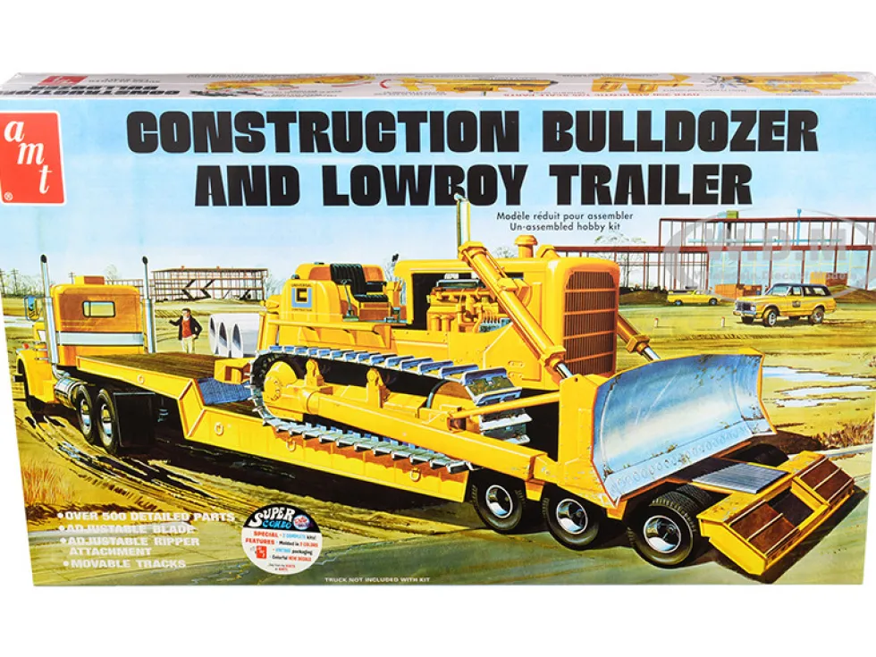 Skill 3 Model Kit Construction Bulldozer Lowboy Trailer Set of 2 pieces 1/25 Scale Model AMT AMT1218