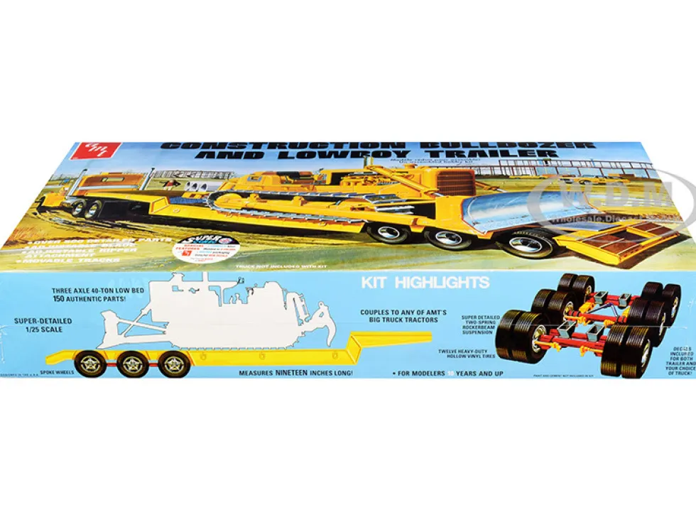 Skill 3 Model Kit Construction Bulldozer Lowboy Trailer Set of 2 pieces 1/25 Scale Model AMT AMT1218