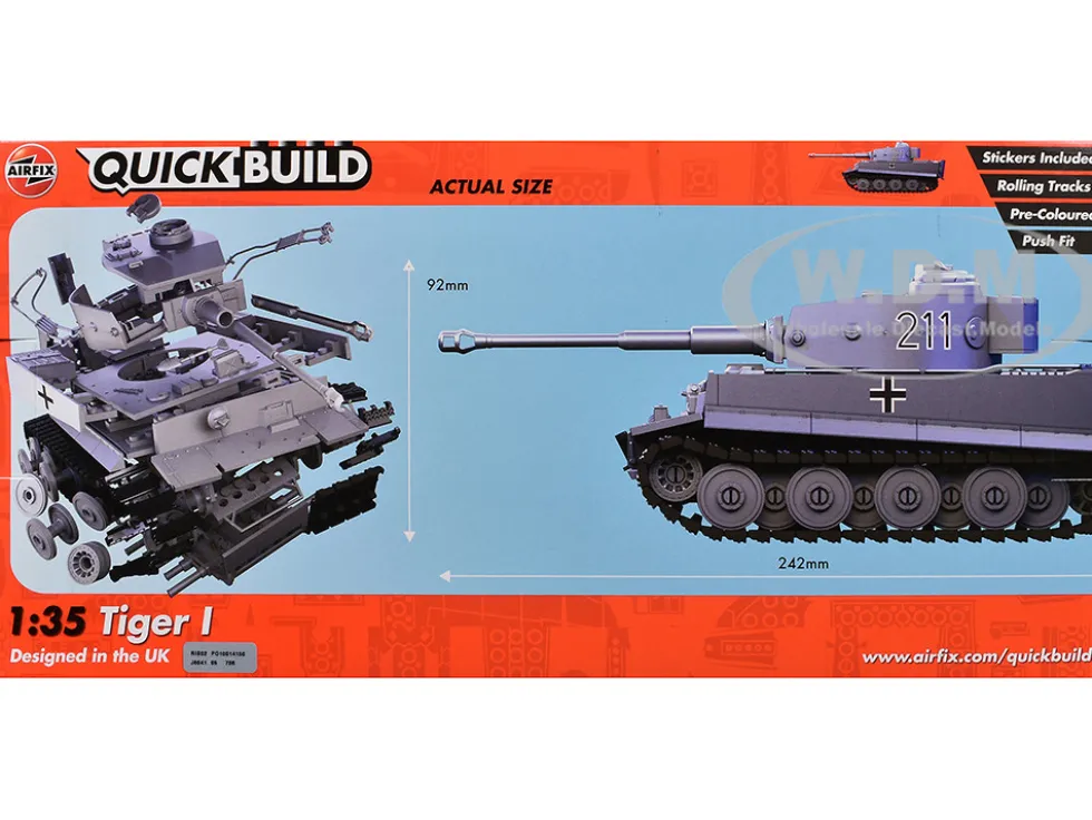 Skill 1 Model Kit Tiger I Tank "German Army" Snap Together Painted Plastic Model Tank Kit 1/35 Scale by Airfix Quickbuild