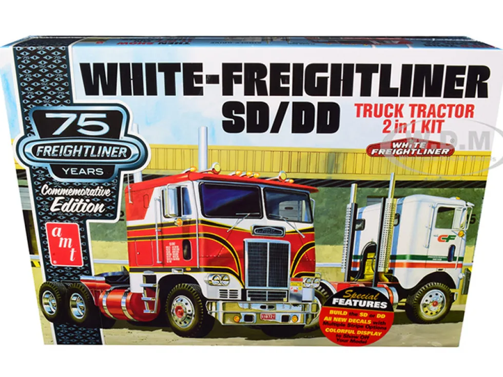 Skill 3 Model Kit White Freightliner SD/DD Truck Tractor 2 in 1 Kit Display Base 75th Freightliner Anniversary Commemorative Edition 1/25 Scale Model AMT AMT1046