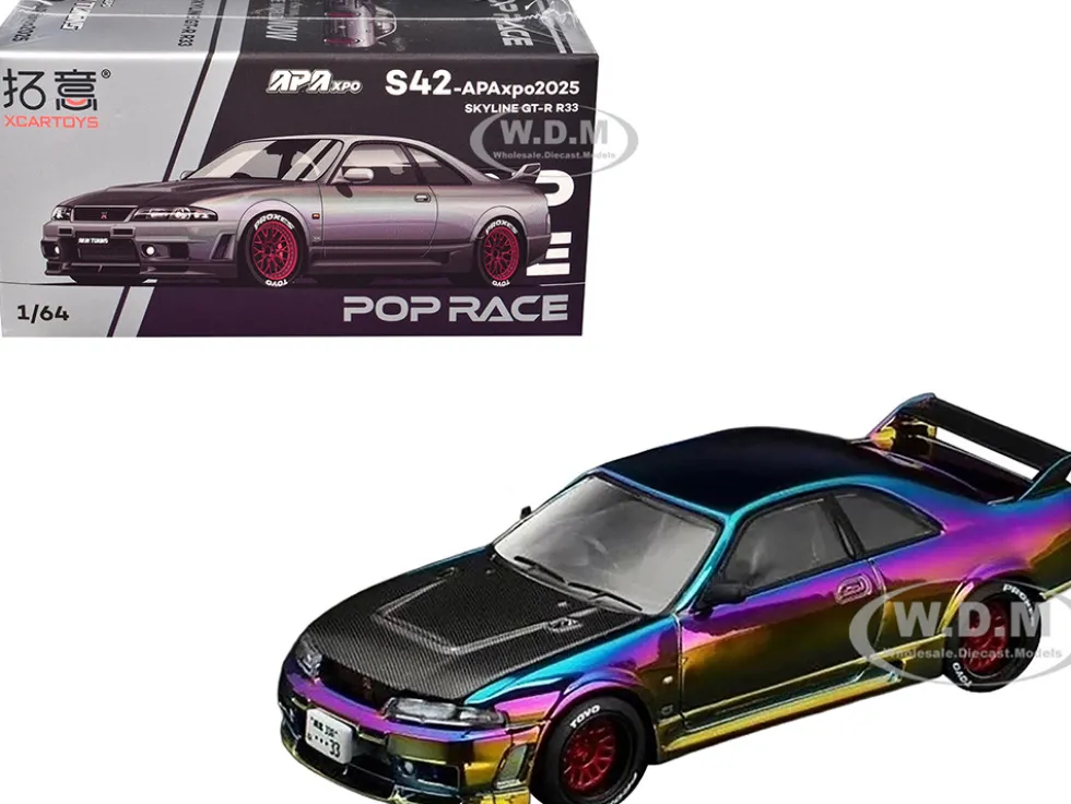Skyline GT-R (R33) RHD (Right Hand Drive) Chameleon Chrome with Carbon Hood "APA XPO 2025 Exclusive" 1/64 Diecast Model Car by Pop Race