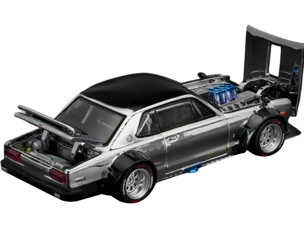 Skyline GT-R V8 Drift "Hakosuka" RHD (Right Hand Drive) Silver Chrome with Black Hood and Top 1/64 Diecast Model Car by Pop Race