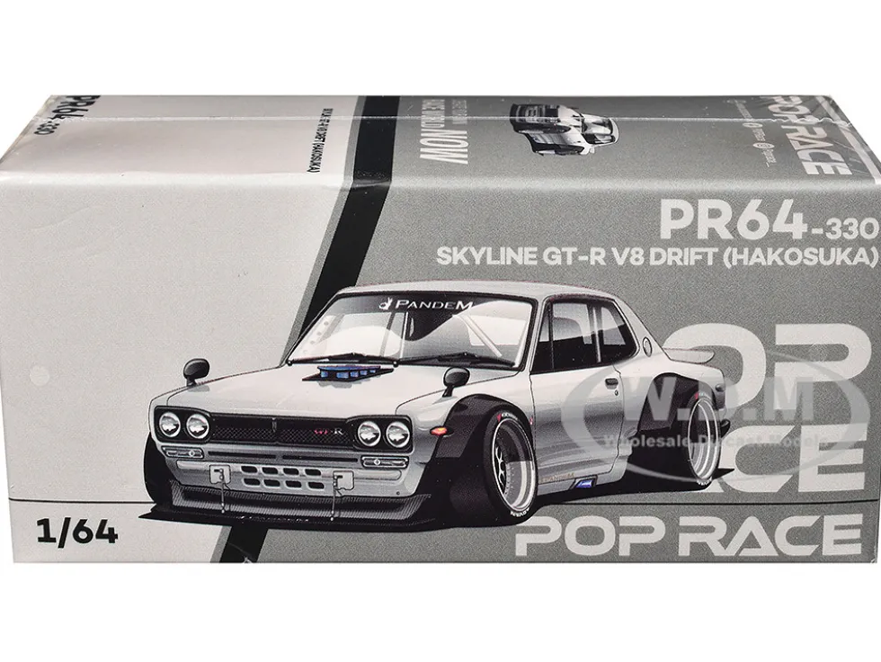 Skyline GT-R V8 Drift "Hakosuka" RHD (Right Hand Drive) Silver Chrome with Black Hood and Top 1/64 Diecast Model Car by Pop Race