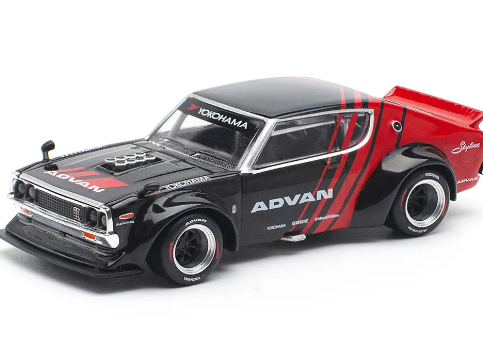 Skyline KPGC110 "Kenmeri" RHD (Right Hand Drive) "ADVAN" Black and Red 1/64 Diecast Model Car by Pop Race