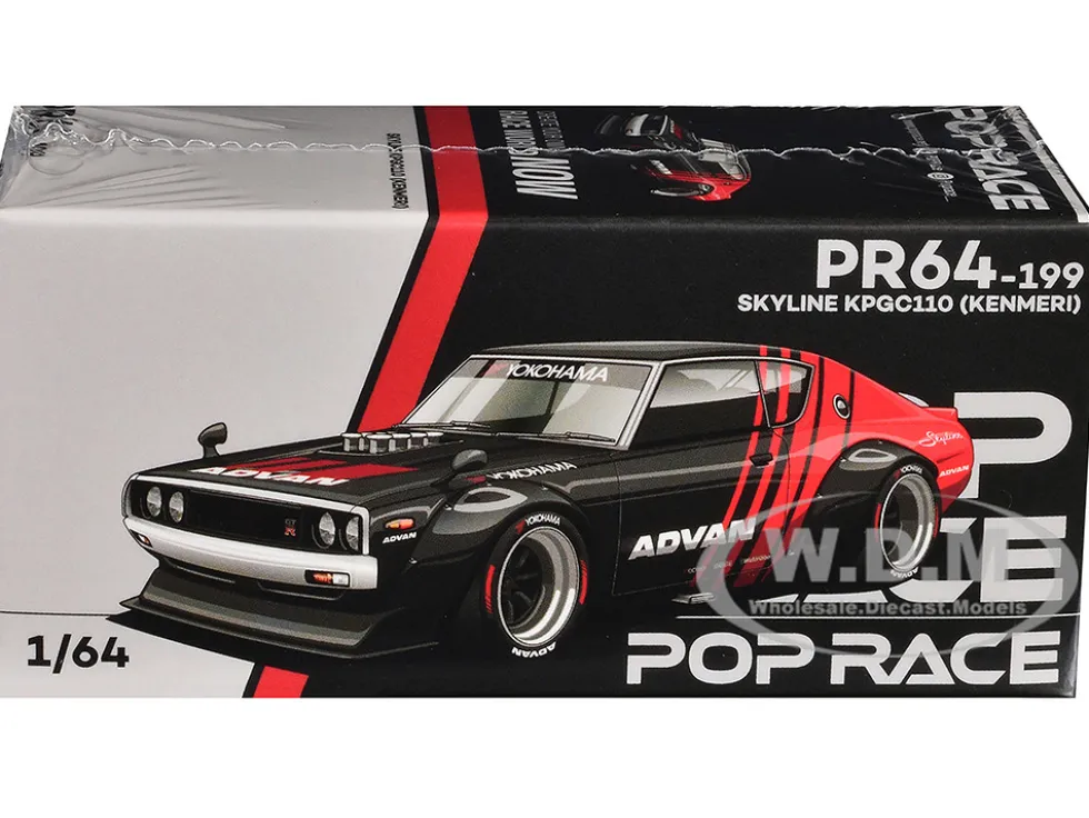 Skyline KPGC110 "Kenmeri" RHD (Right Hand Drive) "ADVAN" Black and Red 1/64 Diecast Model Car by Pop Race