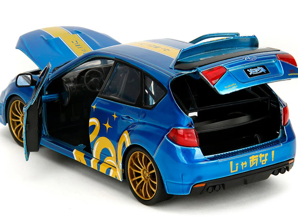 2012 Subaru Impreza WRX STI Blue Metallic with Graphics and Sonic The Hedgehog Diecast Figure "Sonic The Hedgehog" "Hollywood Rides" Series 1/24 Diecast Model Car by Jada