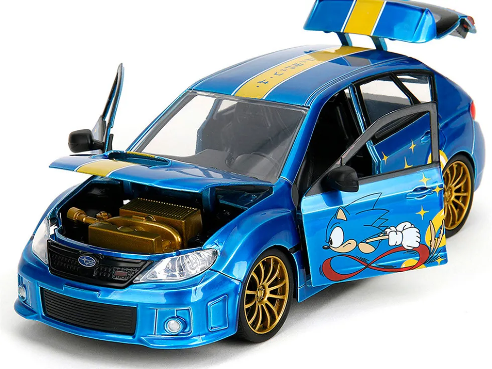 2012 Subaru Impreza WRX STI Blue Metallic with Graphics and Sonic The Hedgehog Diecast Figure "Sonic The Hedgehog" "Hollywood Rides" Series 1/24 Diecast Model Car by Jada
