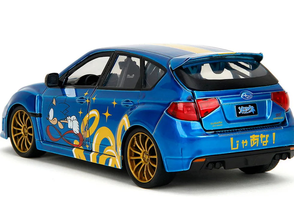 2012 Subaru Impreza WRX STI Blue Metallic with Graphics and Sonic The Hedgehog Diecast Figure "Sonic The Hedgehog" "Hollywood Rides" Series 1/24 Diecast Model Car by Jada