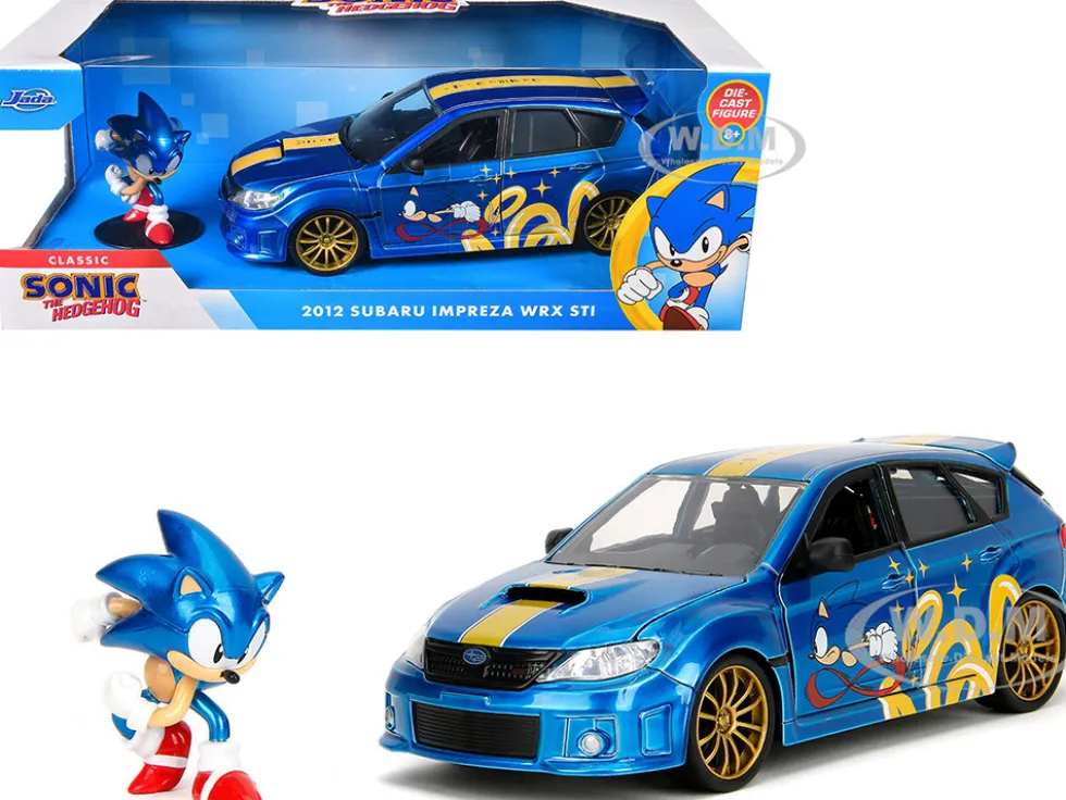 2012 Subaru Impreza WRX STI Blue Metallic with Graphics and Sonic The Hedgehog Diecast Figure "Sonic The Hedgehog" "Hollywood Rides" Series 1/24 Diecast Model Car by Jada