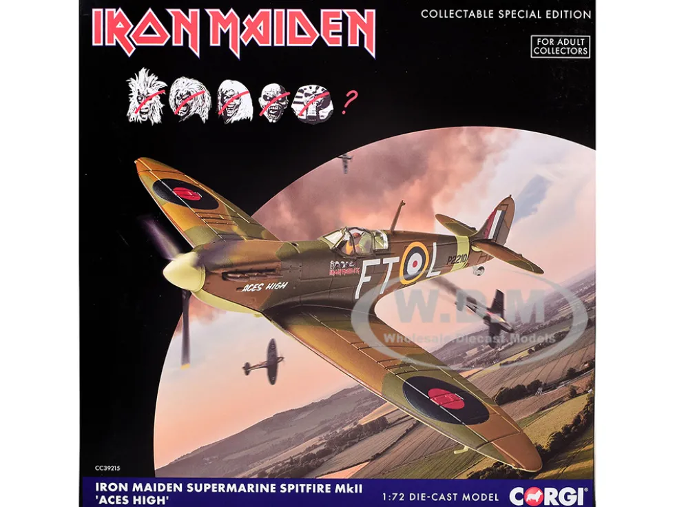 Supermarine Spitfire Mk.II Fighter Aircraft "Iron Maiden 'Aces High'" Green Camouflage with Graphics 1/72 Diecast Model by Corgi