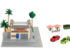 Toretto Cafe Diorama with Mitsubishi Eclipse Green and Ford F-150 SVT Lightning Red 