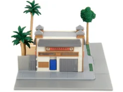 Toretto Cafe Diorama with Mitsubishi Eclipse Green and Ford F-150 SVT Lightning Red 