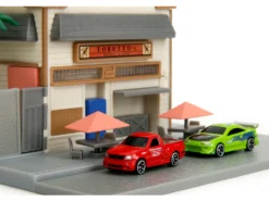 Toretto Cafe Diorama with Mitsubishi Eclipse Green and Ford F-150 SVT Lightning Red 
