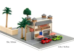 Toretto Cafe Diorama with Mitsubishi Eclipse Green and Ford F-150 SVT Lightning Red 
