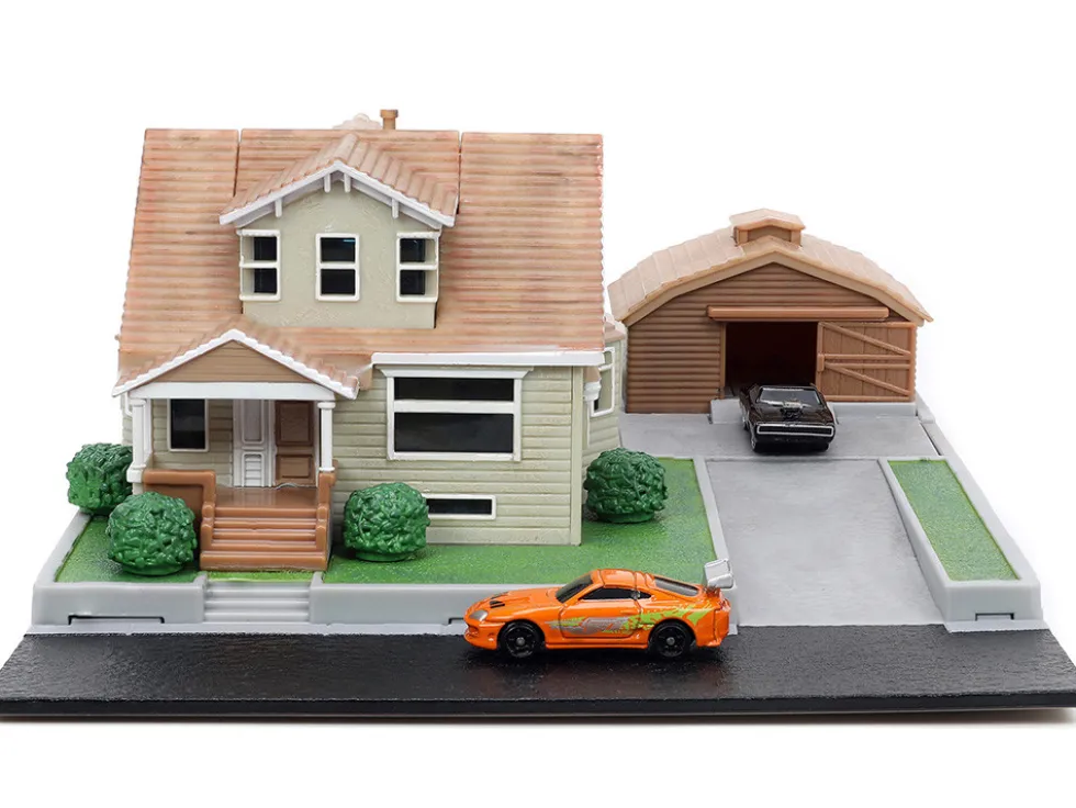 Toretto House Diorama with Dodge Charger Black and Toyota Supra Orange with Graphics Fast and Furious Nano Scene Series Models Jada 33668