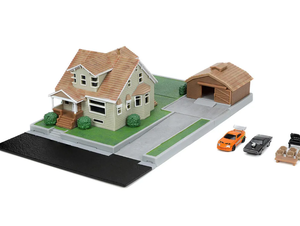 Toretto House Diorama with Dodge Charger Black and Toyota Supra Orange with Graphics Fast and Furious Nano Scene Series Models Jada 33668