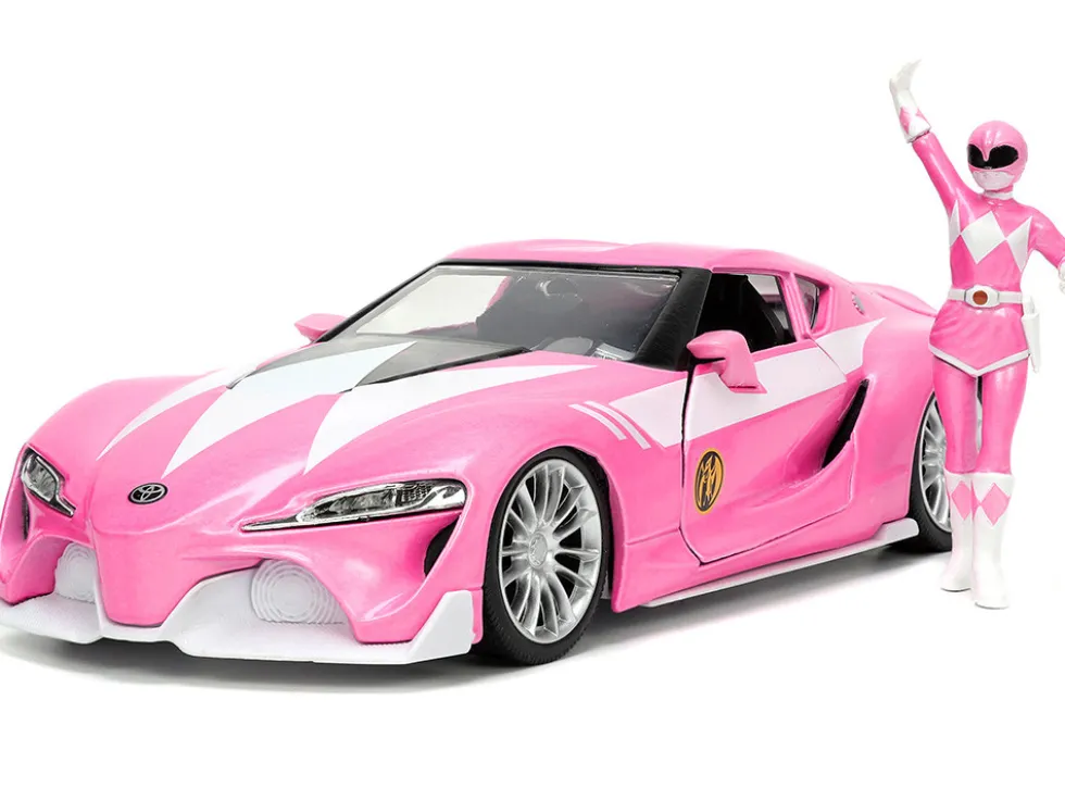 Toyota FT-1 Concept Pink Metallic and Pink Ranger Diecast Figurine Power Rangers Hollywood Rides Series 1/24 Diecast Model Car Jada 33224