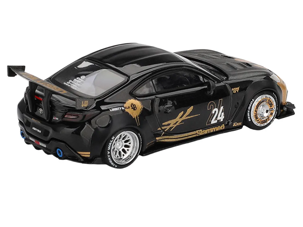 Toyota GR86 "LB-Nation - Liberty Walk" #24 Black with Carbon Hood and Gold Graphics Limited Edition 1/64 Diecast Model Car by Mini GT
