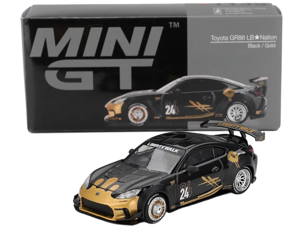 Toyota GR86 "LB-Nation - Liberty Walk" #24 Black with Carbon Hood and Gold Graphics Limited Edition 1/64 Diecast Model Car by Mini GT