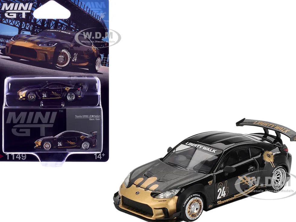 Toyota GR86 "LB-Nation - Liberty Walk" #24 Black with Carbon Hood and Gold Graphics Limited Edition 1/64 Diecast Model Car by Mini GT