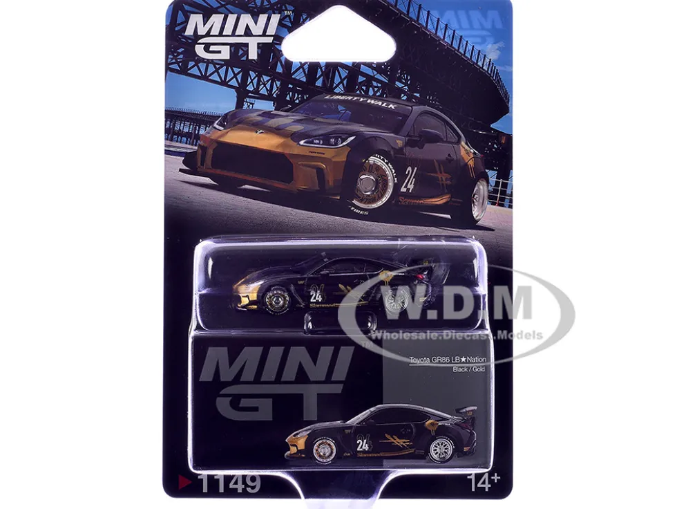 Toyota GR86 "LB-Nation - Liberty Walk" #24 Black with Carbon Hood and Gold Graphics Limited Edition 1/64 Diecast Model Car by Mini GT