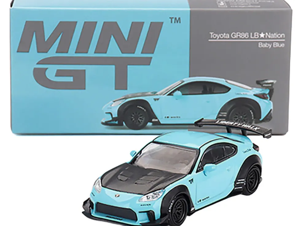 Toyota GR86 "LB-Nation - Liberty Walk" Baby Blue with Carbon Hood Limited Edition 1/64 Diecast Model Car by Mini GT